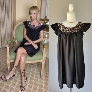 KAREN ZAMBOS // leopard print & black flutter cap sleeve mini baby doll dress
